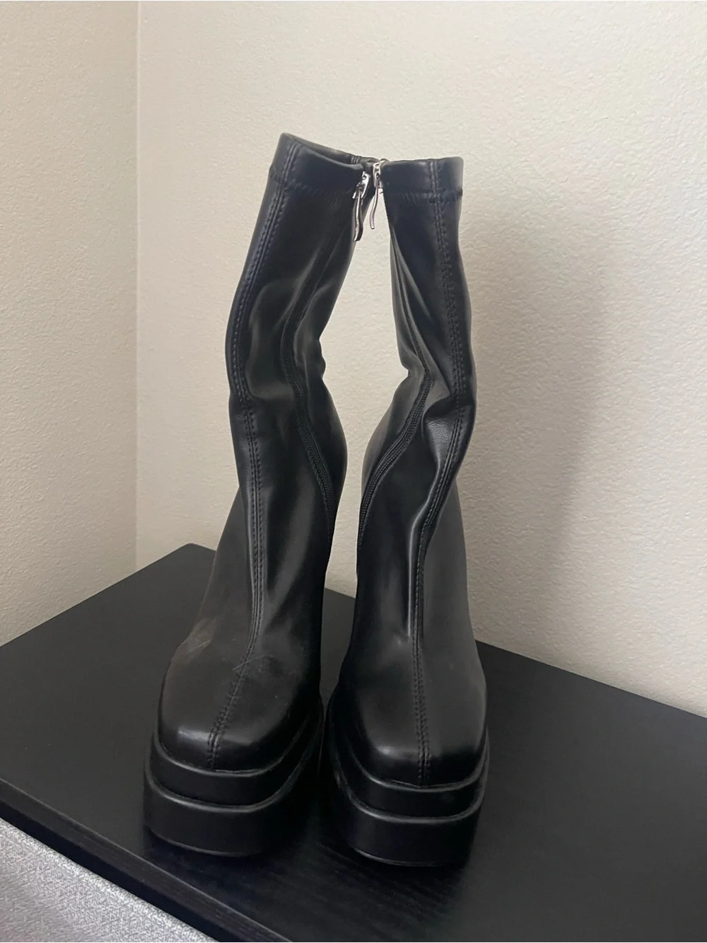 Women's Black Platform High-Heel Ankle Boots with Side Zip